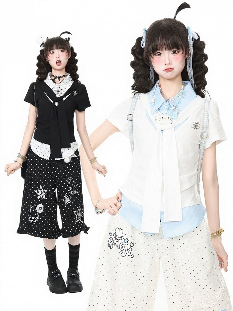 Waist-Cinched Tie-Front Faux Two-Piece Tee in Monochrome Polka Dot - Languid Park