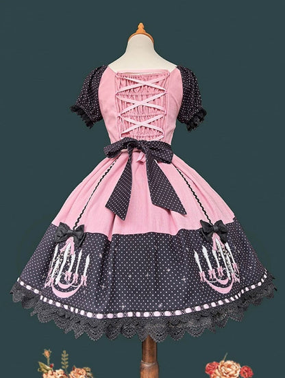 Dot Chandelier Pink Polka with Lolita Dress Print Black and Trim Lace Sweet
