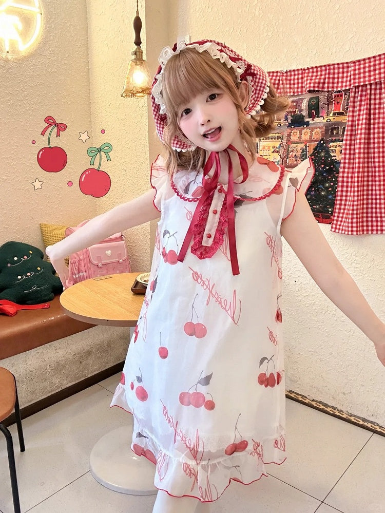 Cherry Print Organza Red Belt Bow Overdress+White Set Dress+Red Pan Slip Peter Collar
