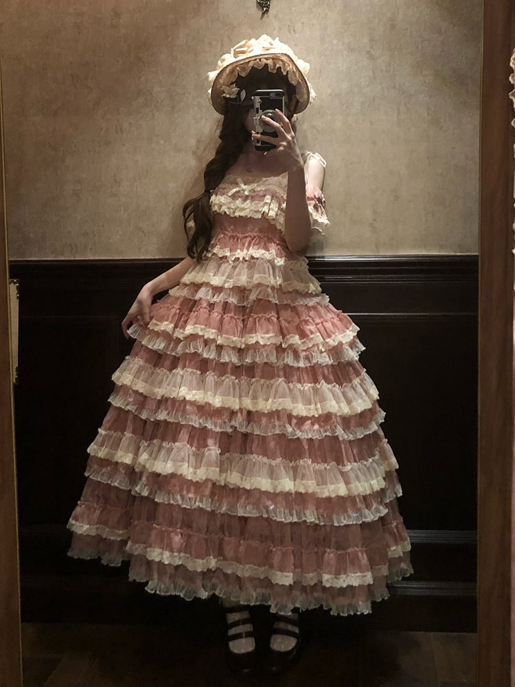 Lolita Ruffle Multi-Layered Sweet Straps Embroidery and with Dress Pink Adjustable Goldfish