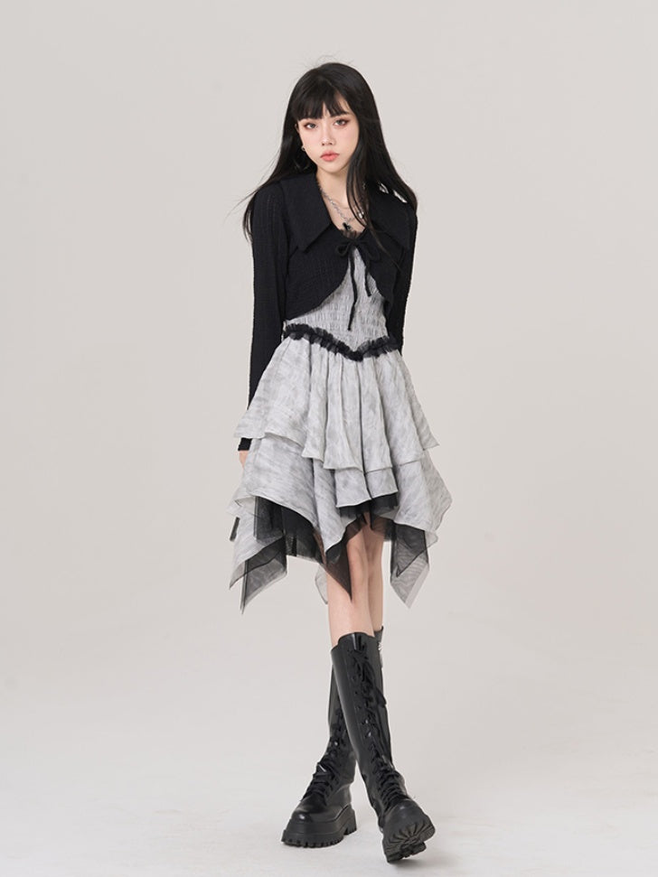 Gray Handkerchief Hem Ruffled Lace Trim Vintage Cami Dress