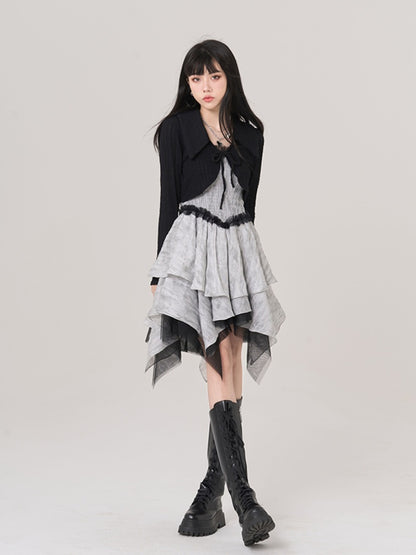 Gray Handkerchief Hem Ruffled Lace Trim Vintage Cami Dress