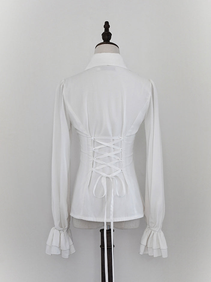 White Cascading Ruffle Pointed Foldover Collar Gothic Lolita Long Sleeves Shirt