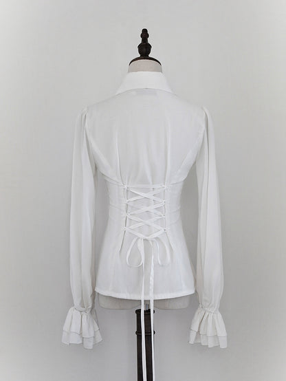 White Cascading Ruffle Pointed Foldover Collar Gothic Lolita Long Sleeves Shirt