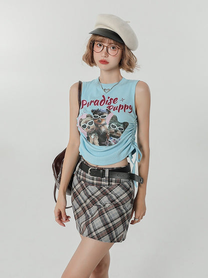 Light Blue Retro Puppy Print Ruched Sleeveless Top - Girlyhalo