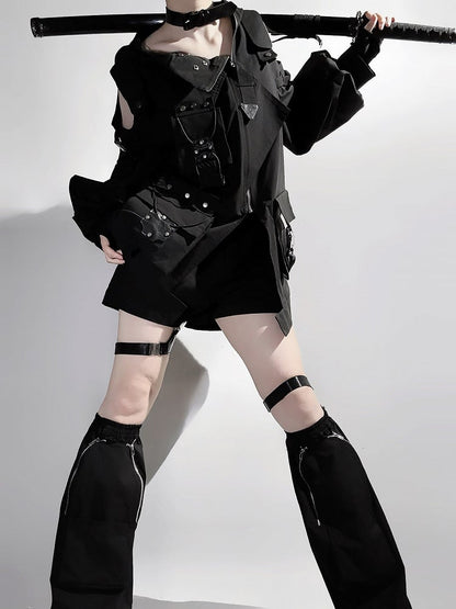 Black Shorts Techwear Jacket Leg + Open Outfit Windbreaker Shoulders Futuristic Warmers -