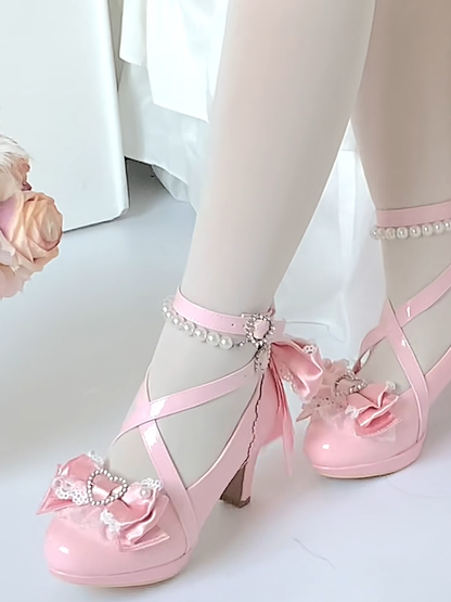 Lolita Detachable Chain Beaded Mary Janes Pink Hime Straps - Crisscross