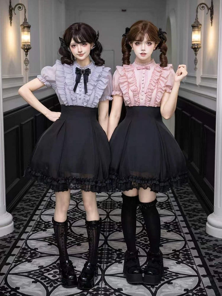 Gray Ruffled Blouse & Black Short Skirt Fake Two Pieces Lolita Dress - With PUJI