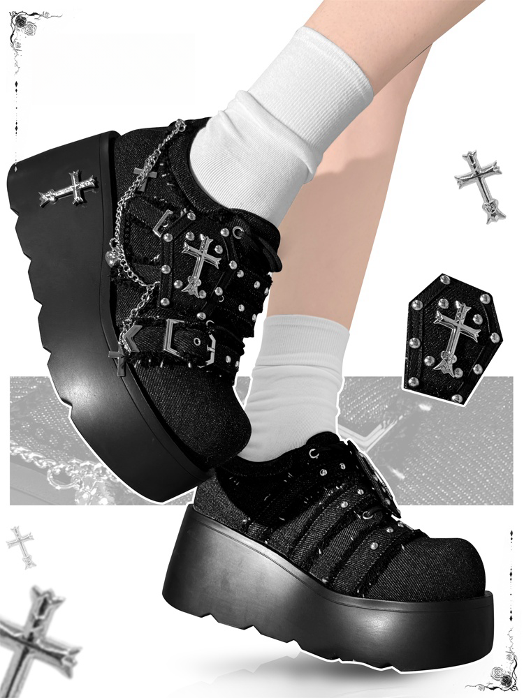 with Black Gothic Platform Chain Decoration Punk Heel Chunky Studded 7cm Sneakers Cross