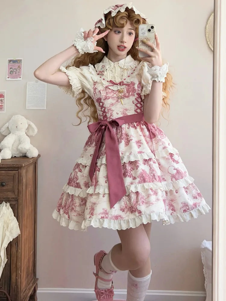 Rosa Lolita-Pullover mit bedrucktem Saum und abnehmbarem Rock in Trauben