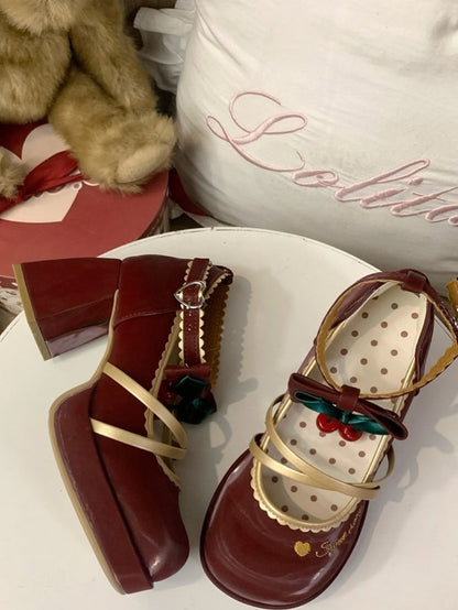 Sweet Red Design High-heel Embellishments Wine Cherry Lolita Shoes with Asymmetric