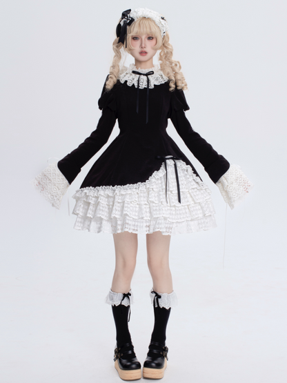Black and White Ruff Collar Old School Lolita Long Sleeves Dress