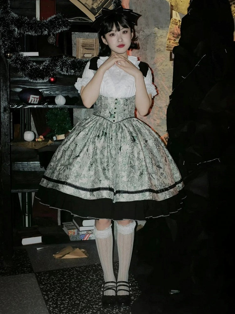 Basque Lolita Bust Jumper Skirt Under Waist Straps Shoulder Green Bowknot