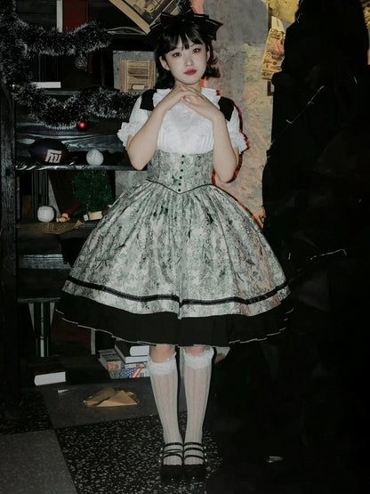 Basque Lolita Bust Jumper Skirt Under Waist Straps Shoulder Green Bowknot