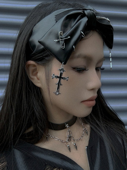 Gothic Punk Schwarzes Kreuz Charms Reißverschluss Design PU Bowknot KC