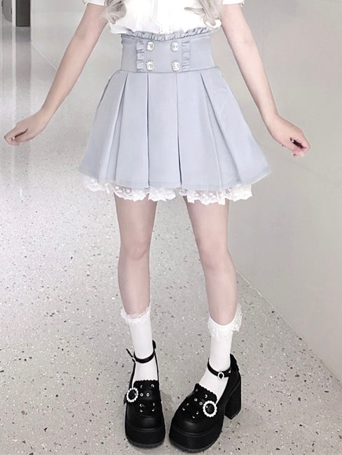 アクセントトリム ジライ ライトブルー ボックスプリーツスカート レース フリル ラインストーン ケイ