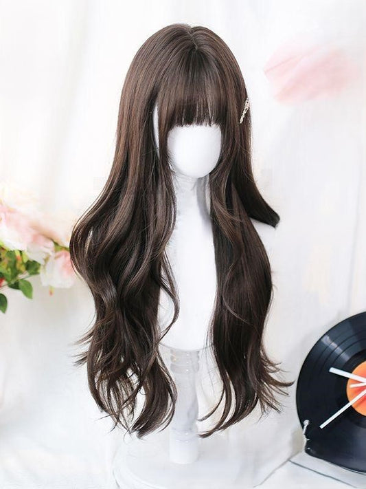 Dark Brown Long Wavy Wig With Bangs