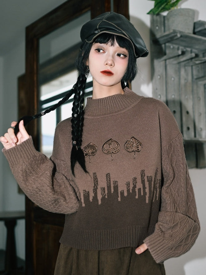 Leaf Sweater with Cheongsam Goth Brown Design Neck Mock Embroidery