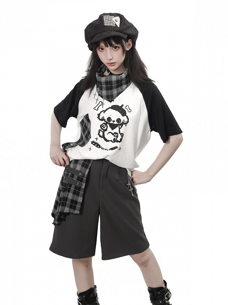 Black & White Puppy Print Raglan Tee with Plaid Neckerchief & Cross Charm Set - PINK SAVIOR