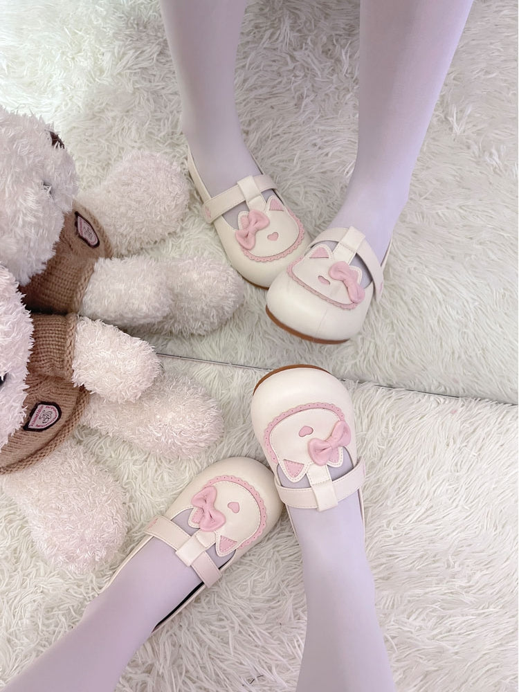 Flat T- with Beige Cat Paw Cute Lolita Strap Embroidered Sweet Kitty Shoes
