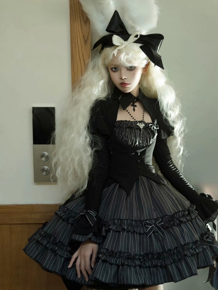 Black and Gray Fake Two-piece Bolero Top Dark Gothic Lolita Striped Dress