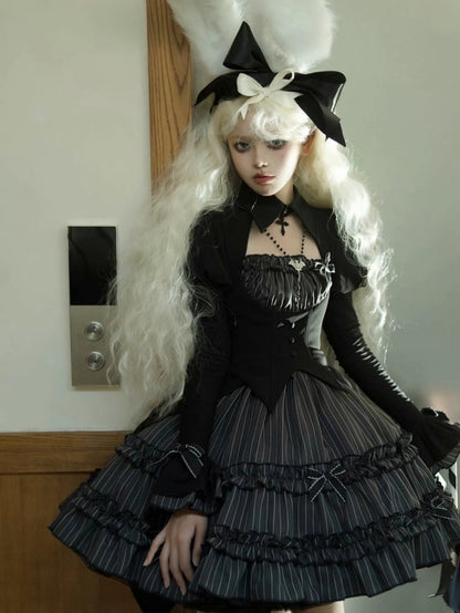 Black and Gray Fake Two-piece Bolero Top Dark Gothic Lolita Striped Dress