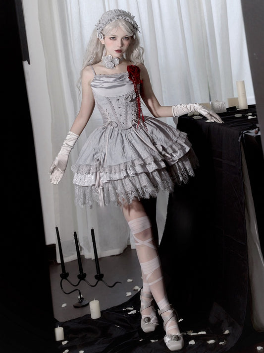 Gothic Witch Lolita Layered Skirt in Silver Gray with Drawstring Detail - With PUJI