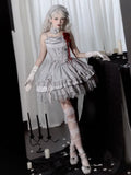 Detail Gothic Lagenrock Grau Hexe Kordelzug Lolita Silber