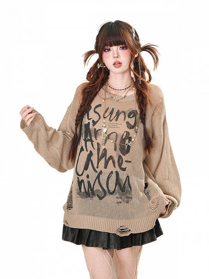 Top Distressed Weiß/Braun/Schwarz Buchstabendruck Löcher Sommer Sonnenschutz Aushöhlen