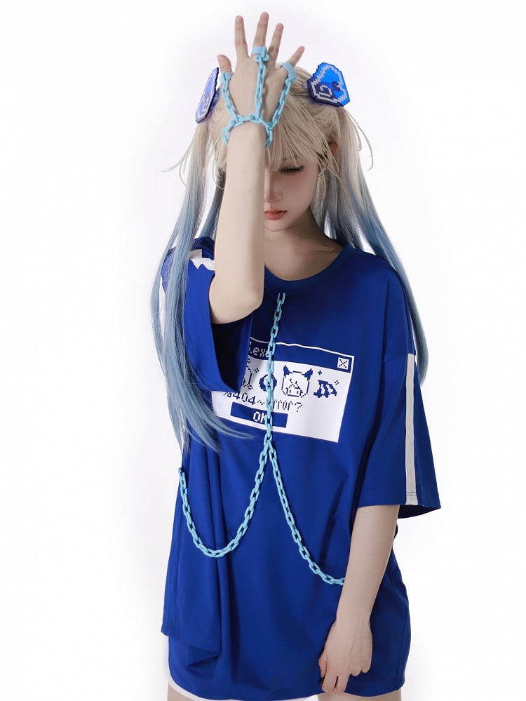 ピクセルキャラクタープリントチェーンデザイン ジライケイTシャツ ブルー ホワイト ブレスレット リングフィンガー付き