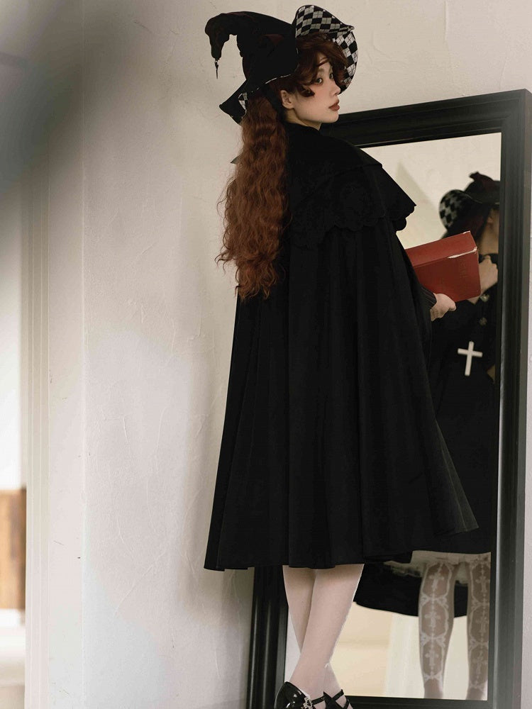 Gothic Witch Cloak with Rose Cross Embroidery in Black - With PUJI