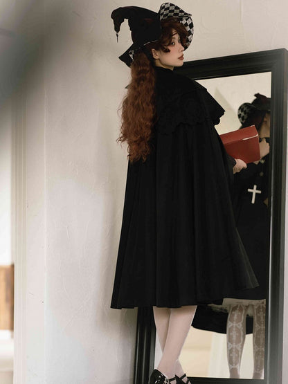 Black Gothic Witch Cloak with Roses & Cross Embroidery - With PUJI