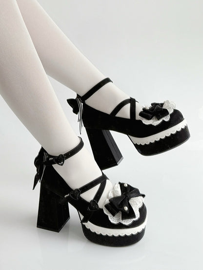 Embroidery Heels Fork Black Platform Buckle Block High Bowknot Lolita Lace Straps