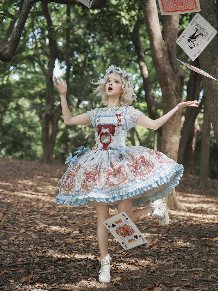 Alice in Wonderland Style Azure Sweet Skirt with Detachable Bow Ribbons - Forest Fairy Tales