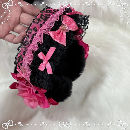 Leopard Print Gyaru Fashion with Floral Hime Pink Earmuffs
