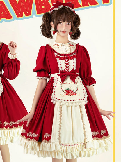 with Lolita Hem and Sweet Beige Embroidered Red Dress Ruffle Strawberry Short-sleeved Apron