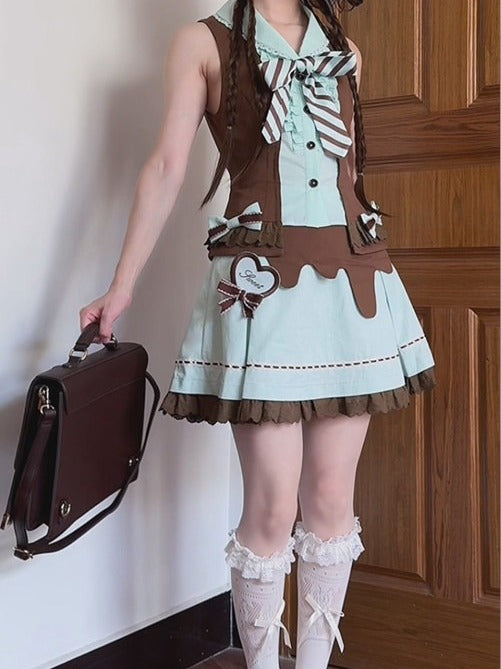 Mint & Cocoa Two-Piece Bow Sleeveless Top Ensemble with Ruffled Lace Skirt - Sweet Dream