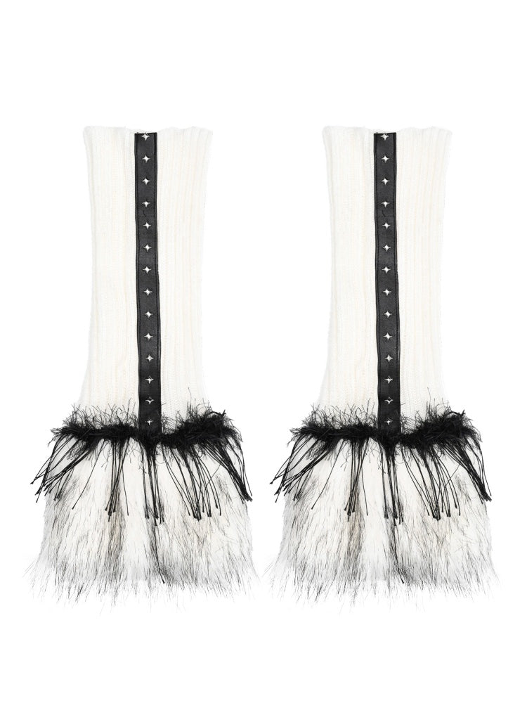 Schwarz-weiße Gothic-Strick-Beinwärmer mit Plüschbündchen