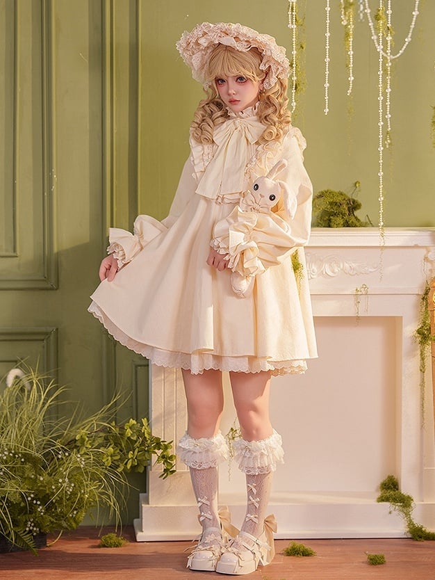 Beige Ärmel Rüschen Langes Kleid Baumwolle Schleife Süß Großer Hoher Lolita Hals