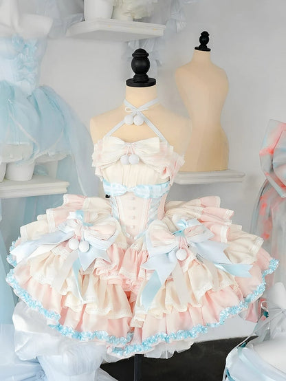 Mint Green Waist Pink Basque and Bowknots and Pompons Sweet Balletcore Puffy Lace-up Dress Decoration