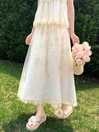 with Overlay Mesh Beige Elastic Waist Cute Cartoon Print Skirt