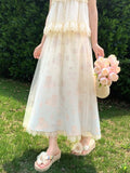Mesh Overlay Beige Elastic Waist Cute Cartoon Print Skirt with