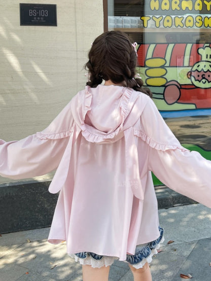 ウサギの耳のデザインフード刺繍アップリケホワイト/ピンクウサギ