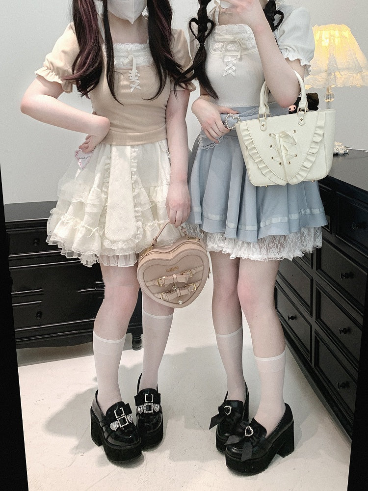 Jirai Kei Lace Bow Big Back Skirt Black/Light Trim Beaded Heart Decorated Blue Lace-up