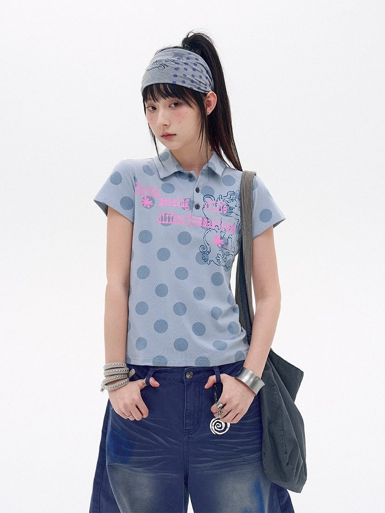 Blue Polka Dot Polo Shirt with Letter Print - innomoood