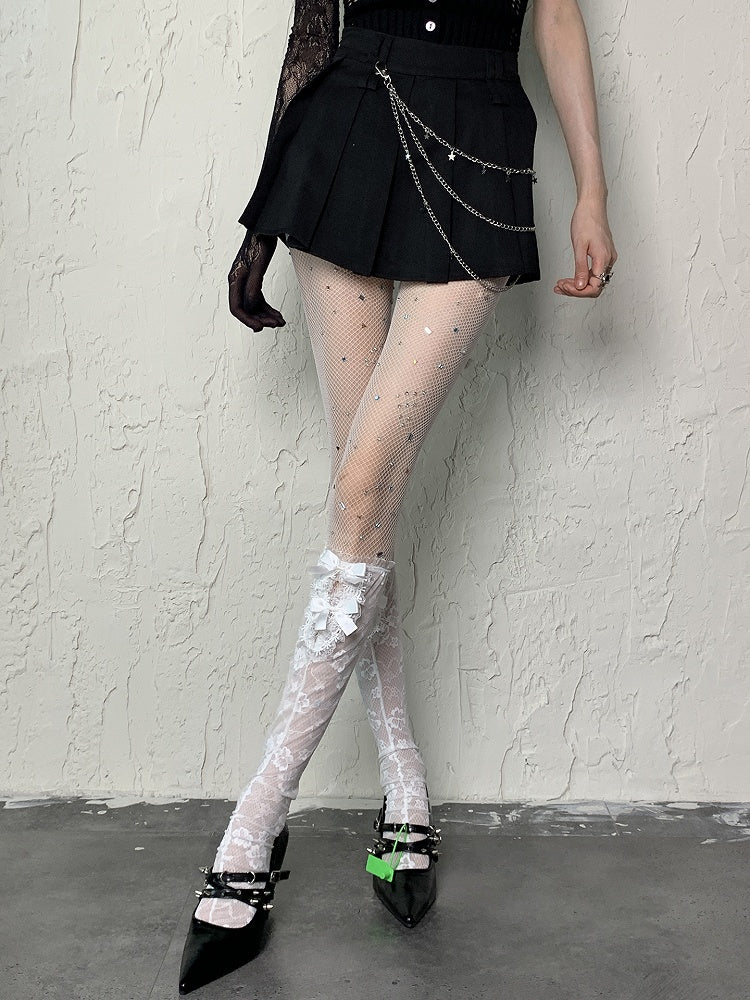 Pattern Floral Stockings Underknee Semi-sheer Details Bowknot White Y2K