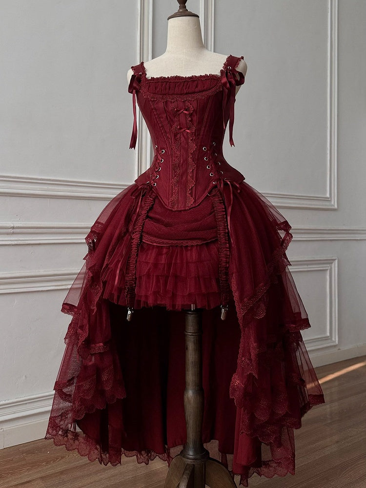 Red Classic Lolita Corset Top with Layered Tulle Skirt - Caramelantike