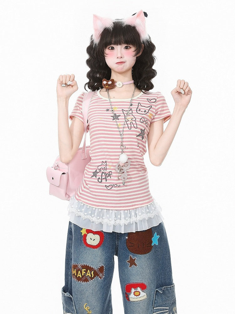 Striped Pink & Kitty Print Lace-Hem Top - Languid Park