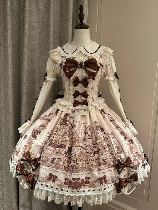 Sweet Brown Little Dress Lace Lolita Bear JSK Flutter with Sleeves Print Beige Details Workshop