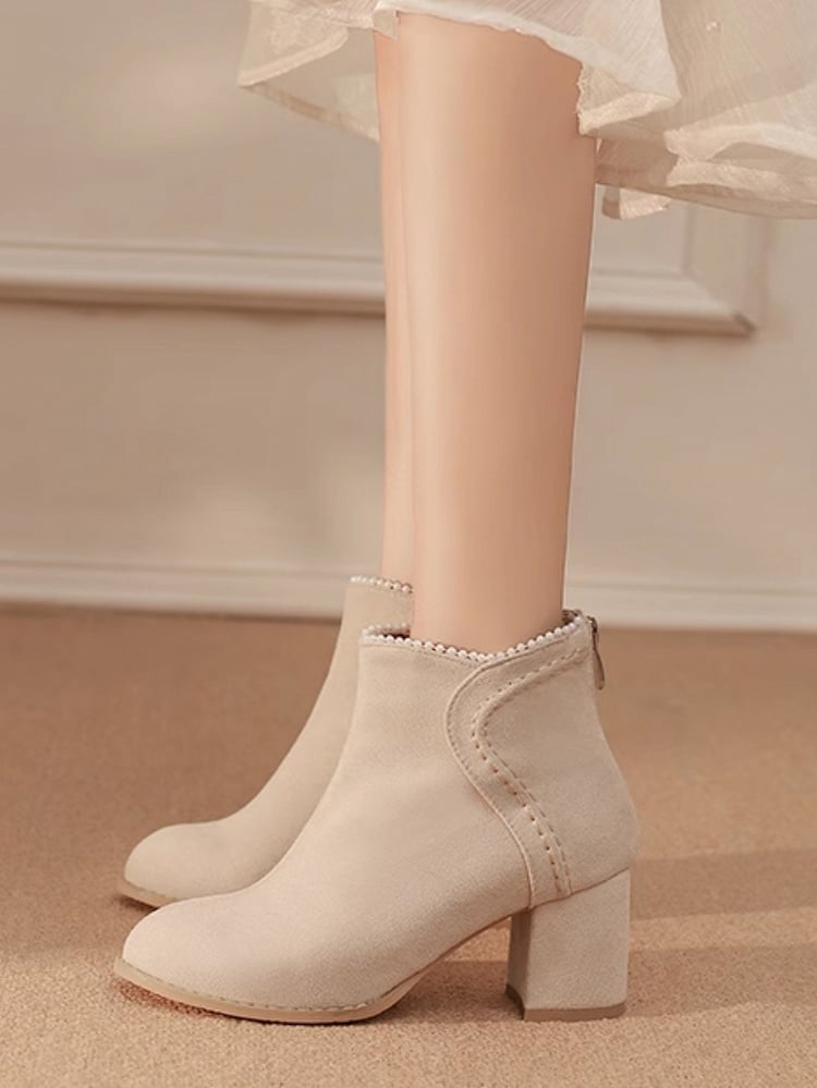 - High Version Beaded Heel Thicken Elegant Closures with Regular Cuff Beige Block Zip Boots Back /